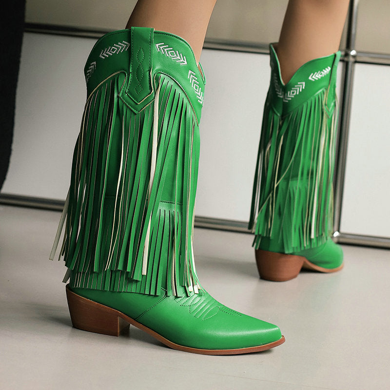 Cowboystiefel mit Quasten und Mondblumen-Print