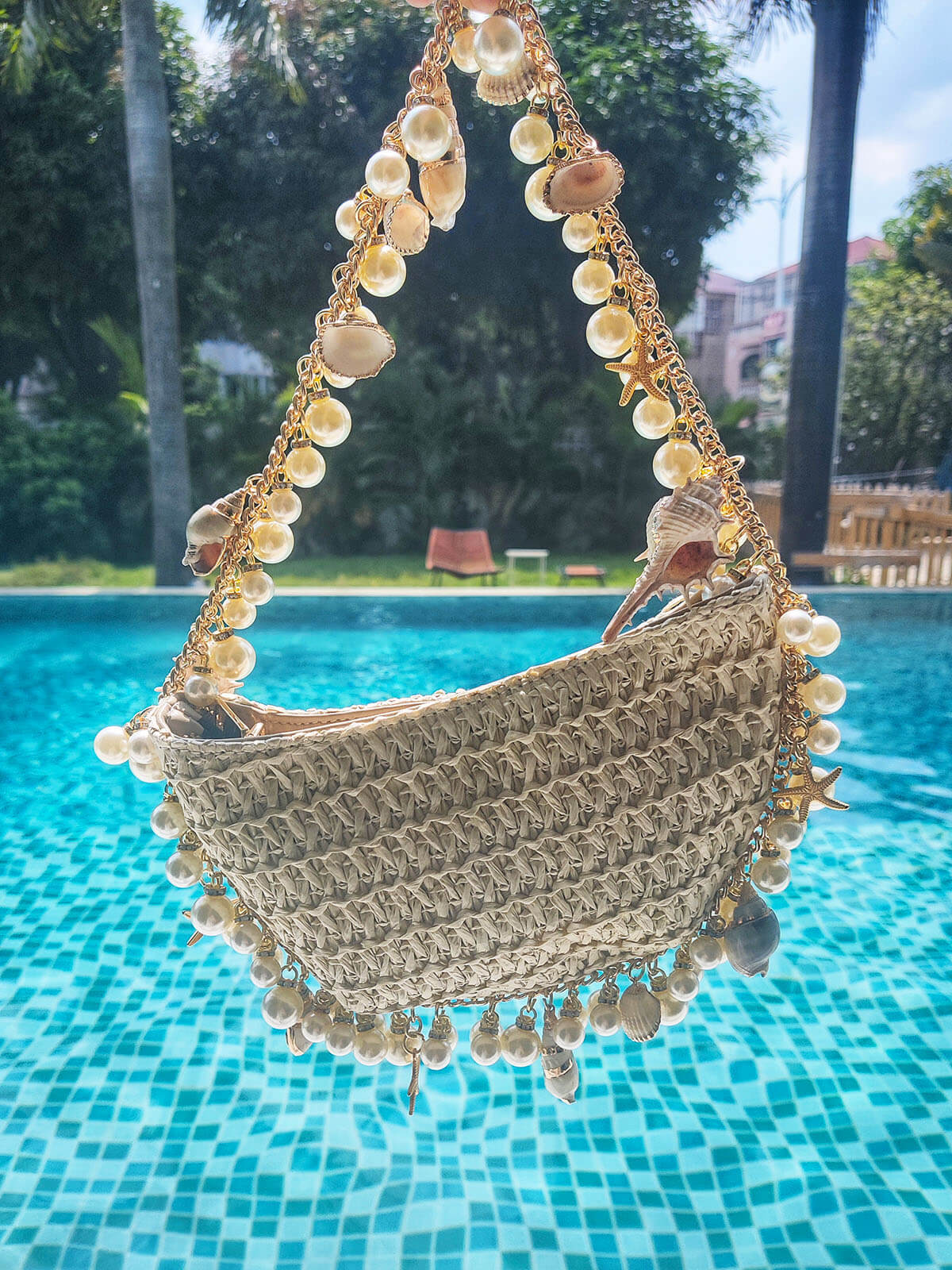 Lydia Pearl Chain Straw Beach Bag
