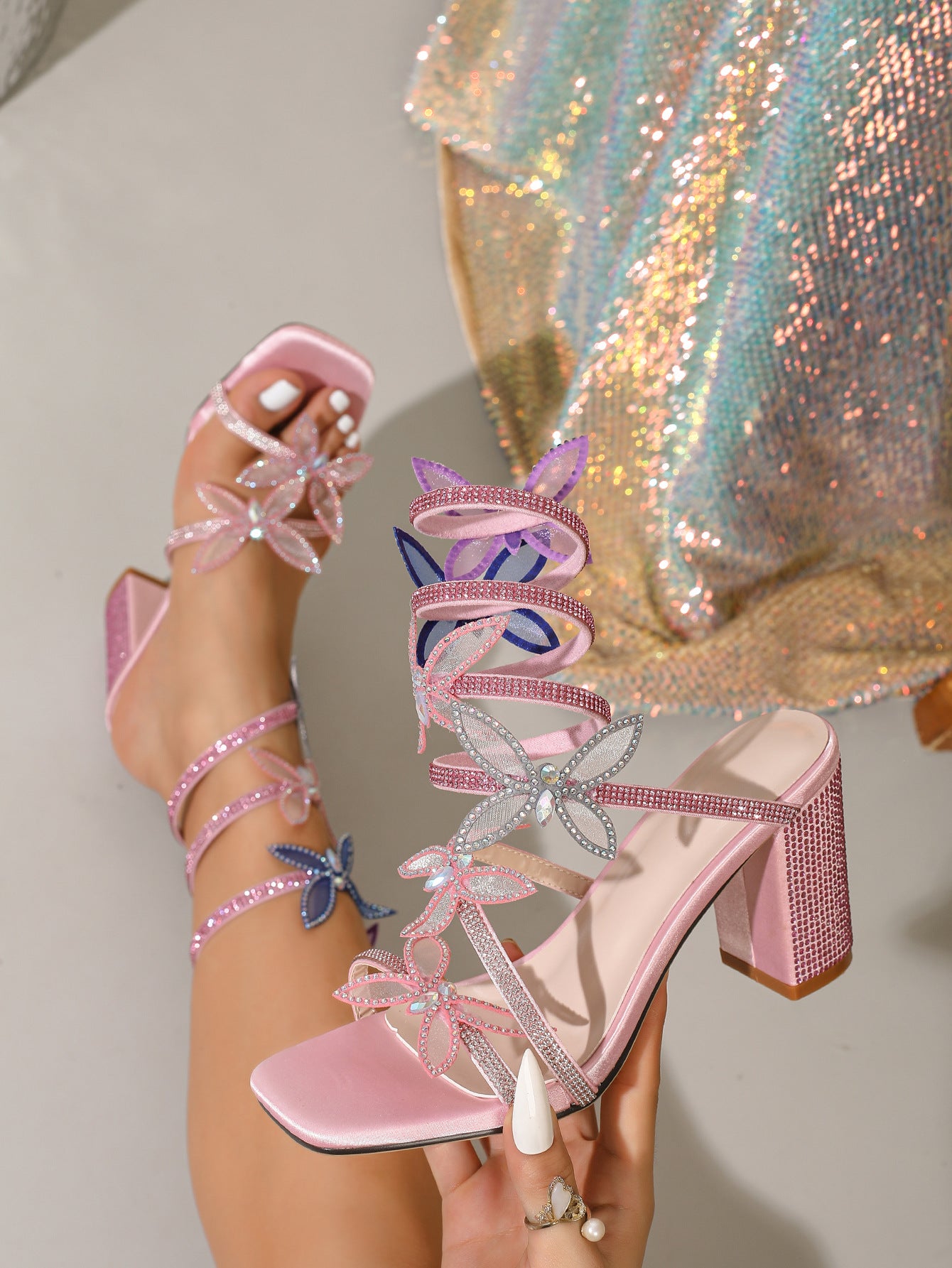 Melody Butterfly Rhinestone Block Heel Sandals